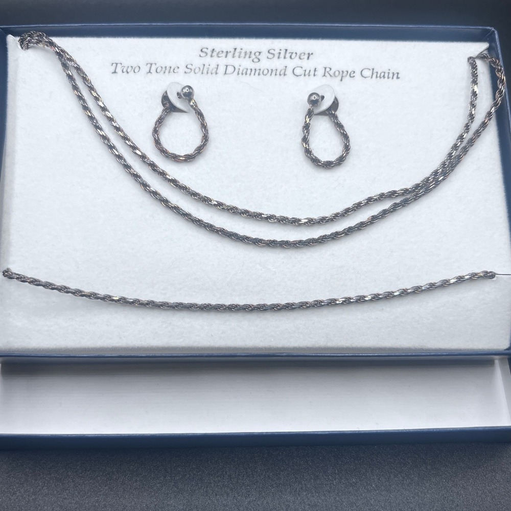 Vtg Sterling Silver Italian Chain‎ Set 2 Necklaces Bracelet Earrings Diamond Cut